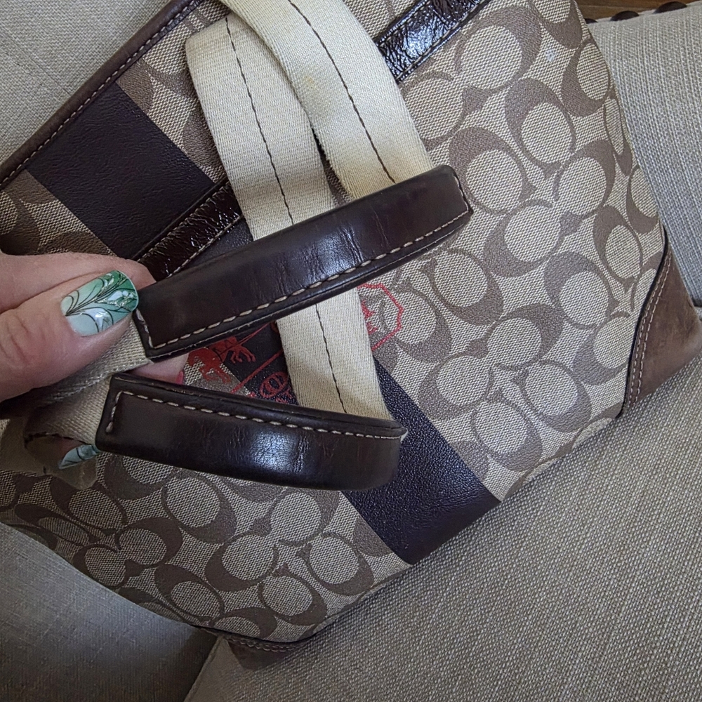 Coach Brown Signature Canvas Tote with Red Logo and Dark Brown Stripe - Picture 13 of 16
